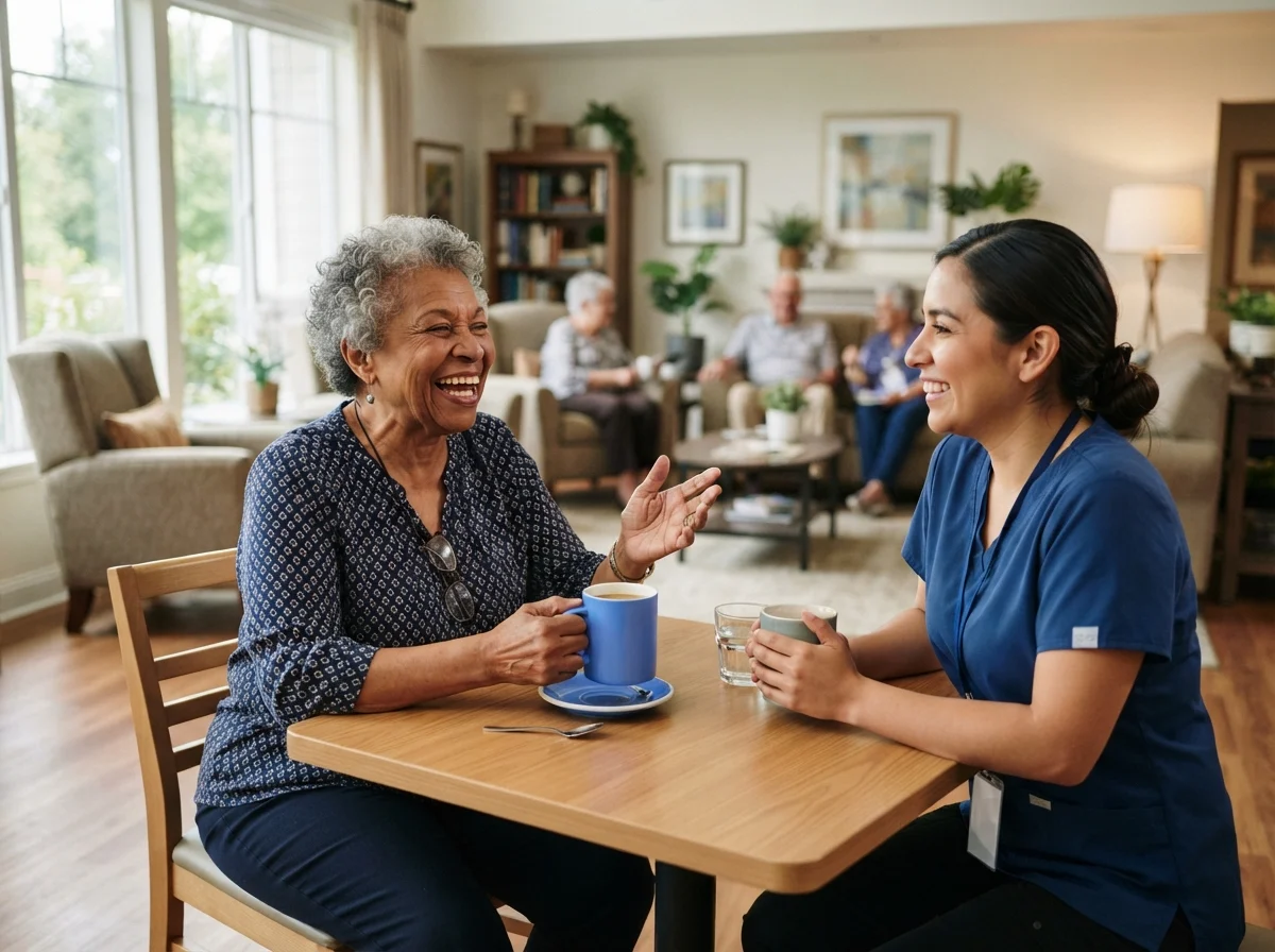 A caregiver sharing a warm laugh with an older adult over coffee in a bright community living room