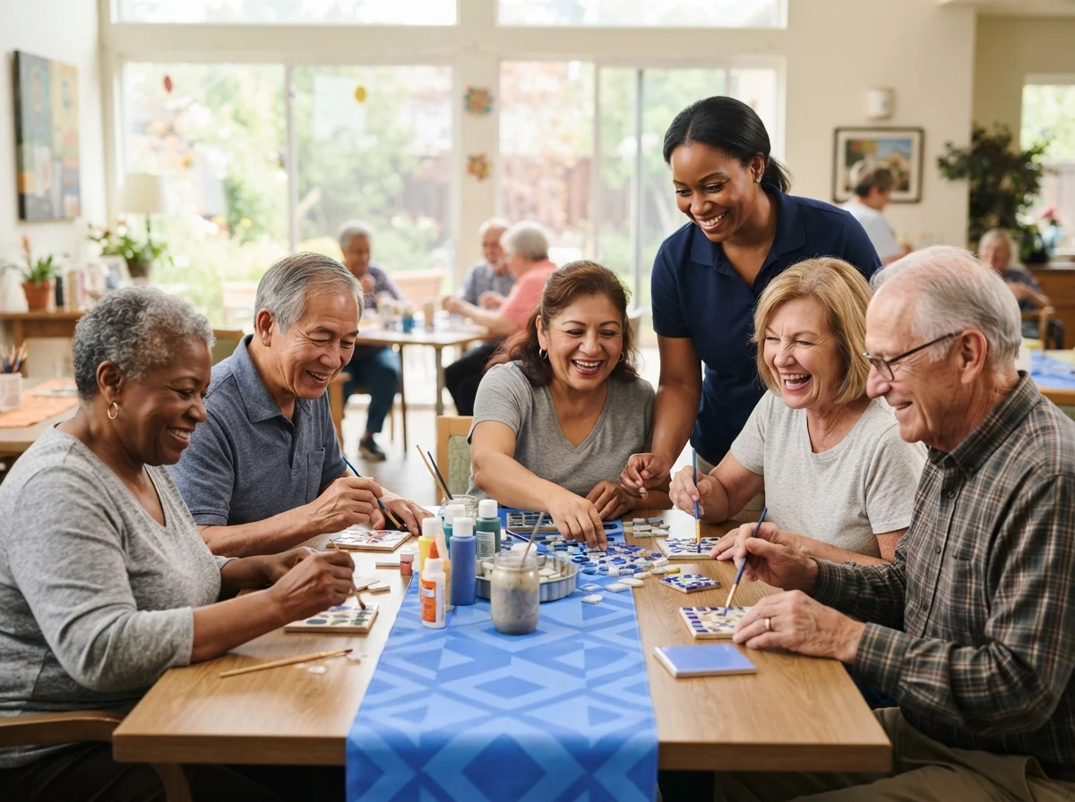 A group of older adults doing crafts together at an adult day program