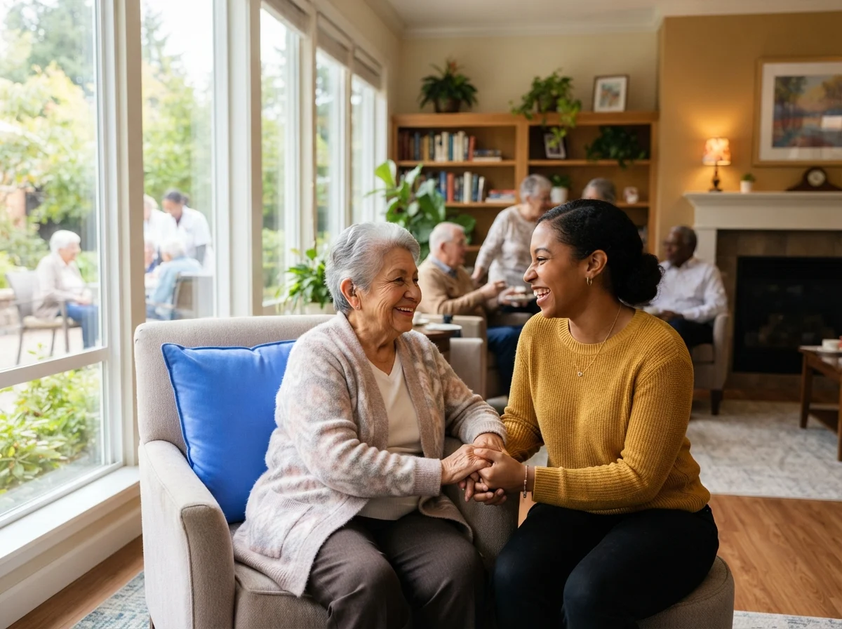 A family member visiting a relative in a bright assisted living community living room