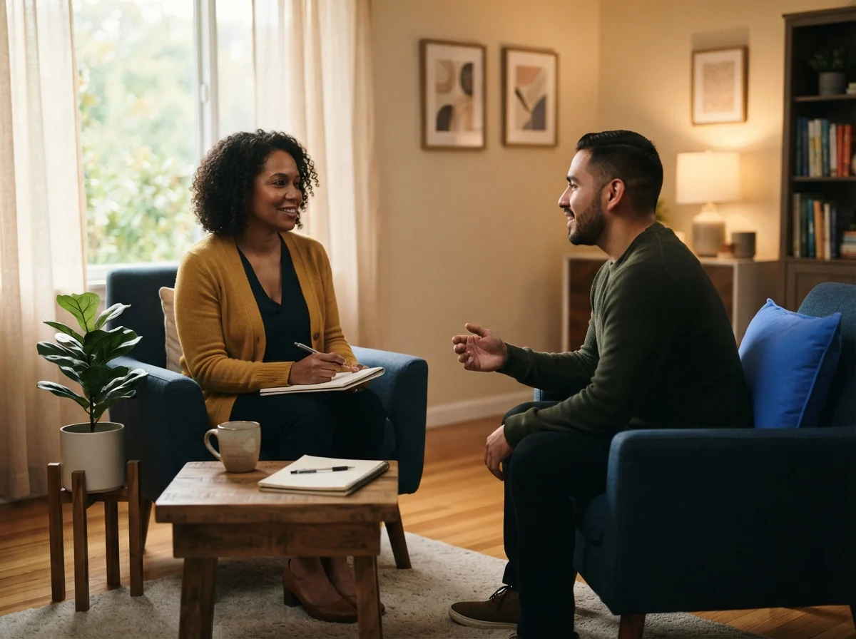 A counselor talking with a client in a warm, comfortable therapy room