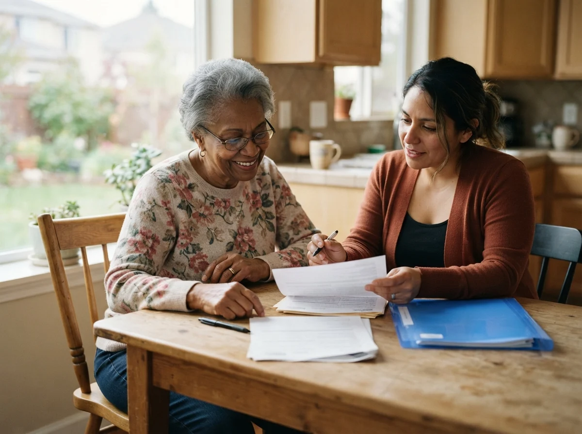A caregiver reviewing paperwork with an older adult at her kitchen table