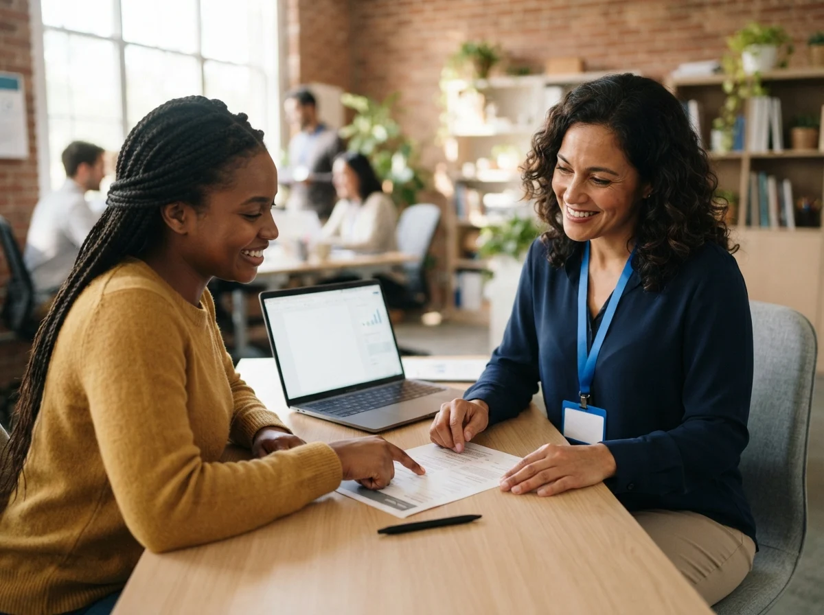 A career counselor reviewing a resume with a client on a laptop