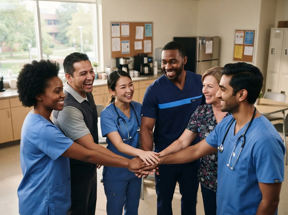 A team of care employees sharing a group huddle and high-five in a break room