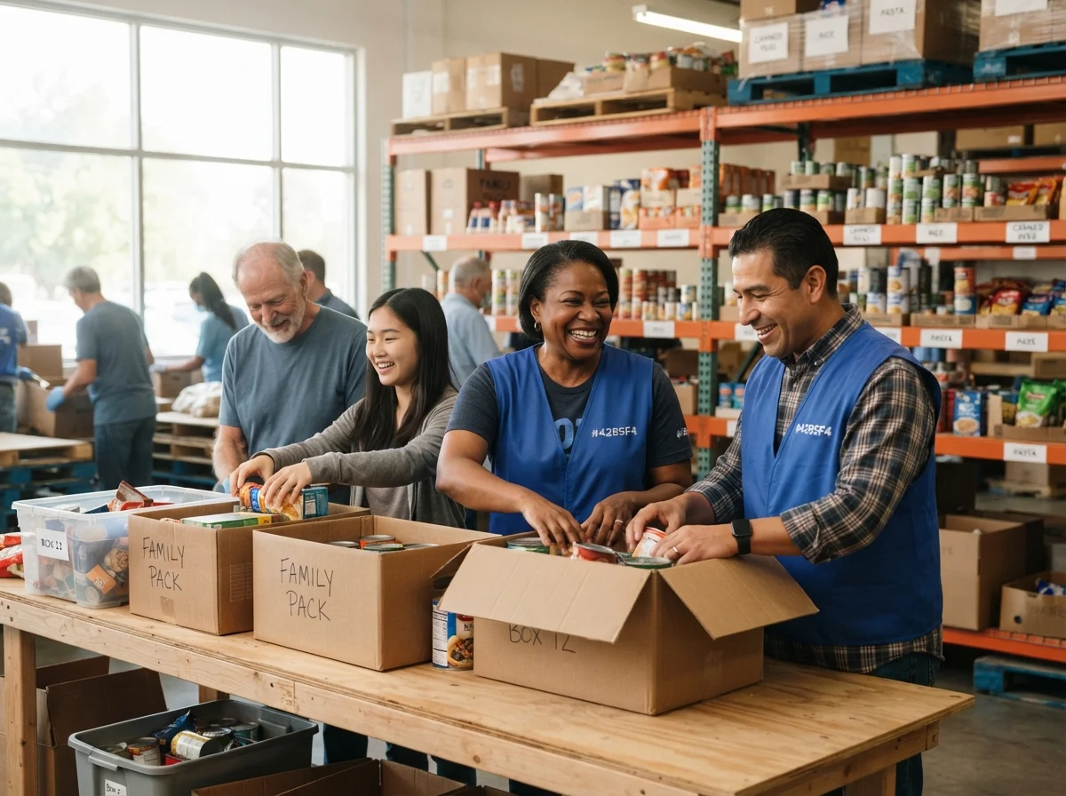 Volunteers packing family grocery boxes together at a community food bank