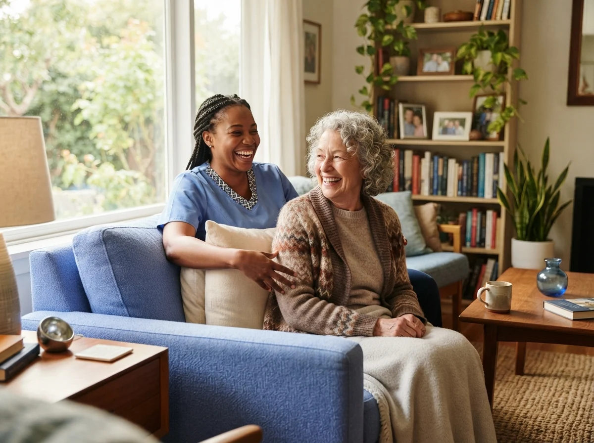 A home care aide comforting an older adult on the couch in her living room