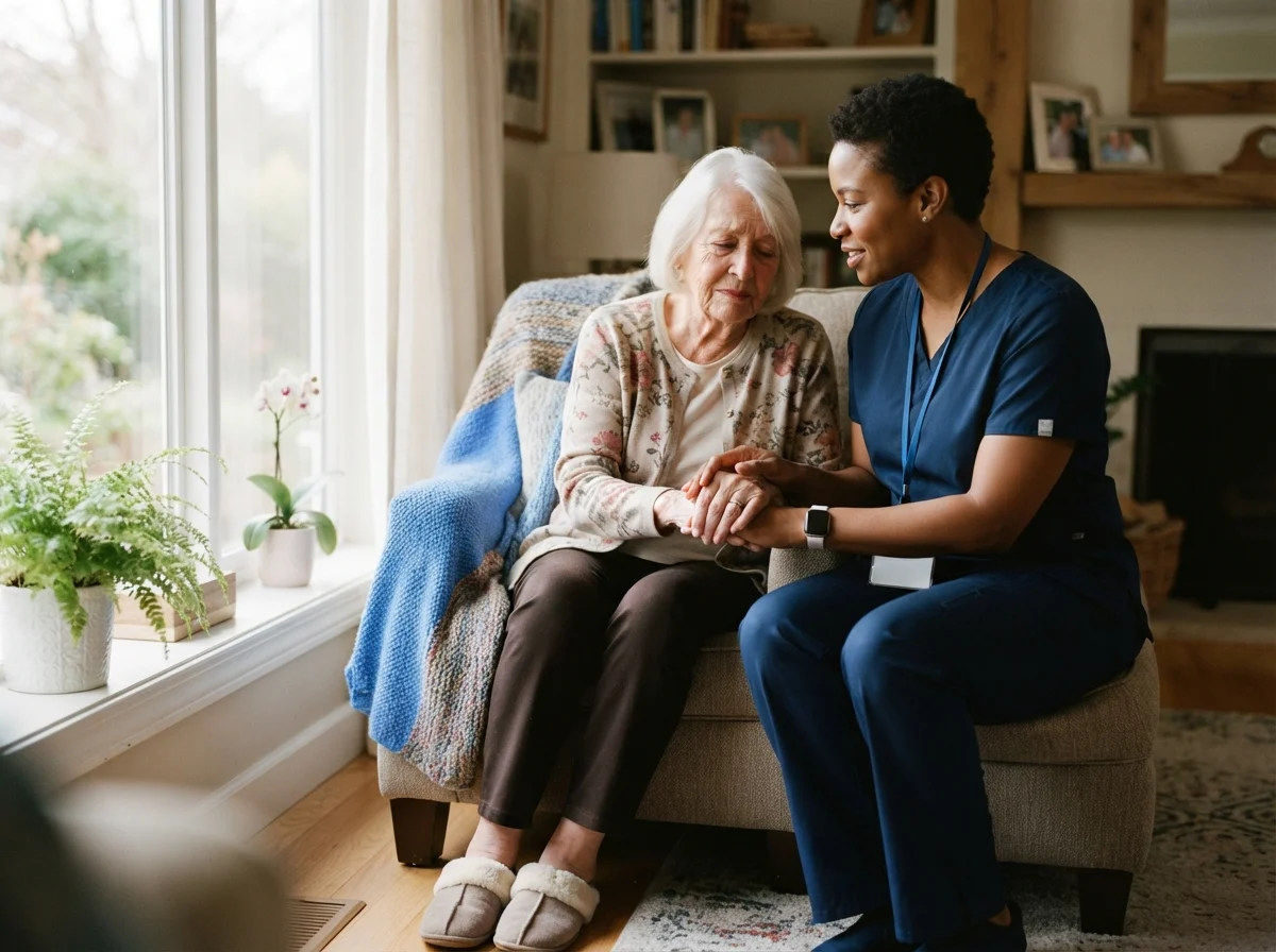 A hospice care worker gently holding the hand of an older adult by a sunlit window