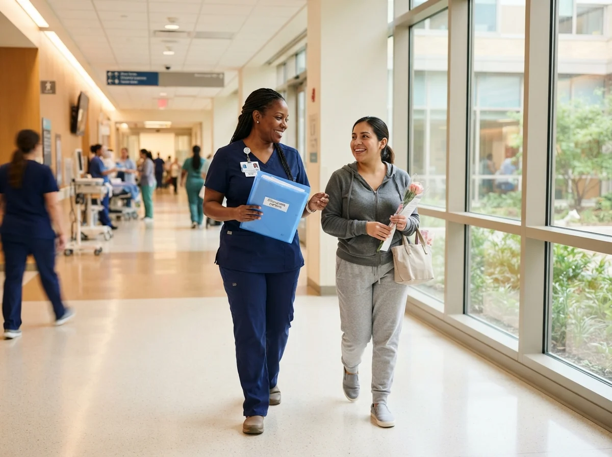 A care coordinator walking a patient through a hospital hallway after discharge
