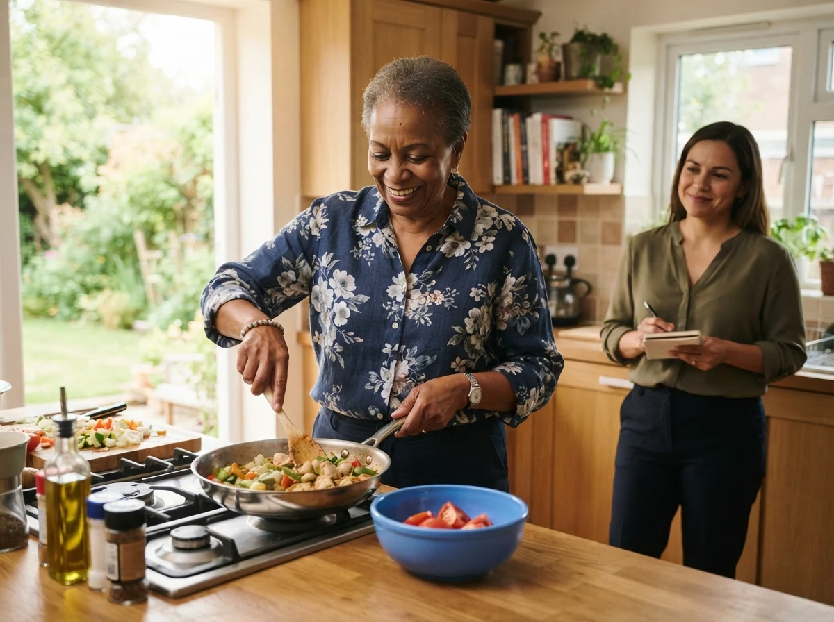 An older adult cooking in her kitchen while a support coordinator takes notes nearby
