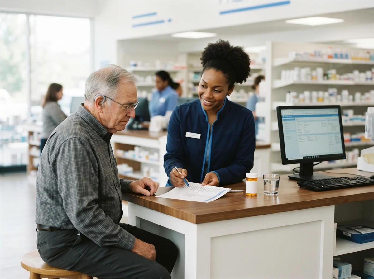 A pharmacist explaining medication instructions to an older adult at the pharmacy counter