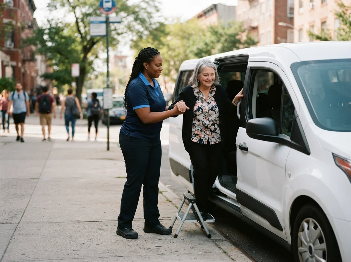 A transportation coordinator helping an older adult step down from a van